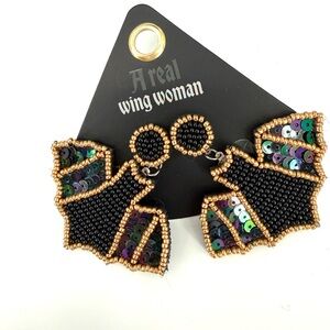Soul Stacks “ A Real Wing Woman” Black and Gold Beaded Bat Wing Earrings